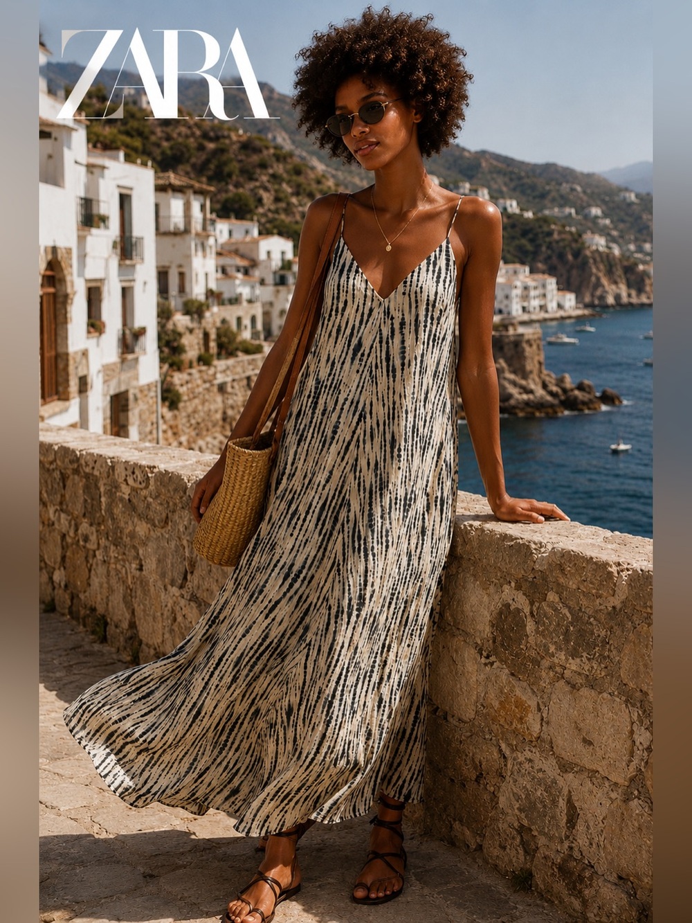 Zara Tie Dye Maxi Dress M/L Blue Tan Boho Resort Euro Summer Open tie-back C